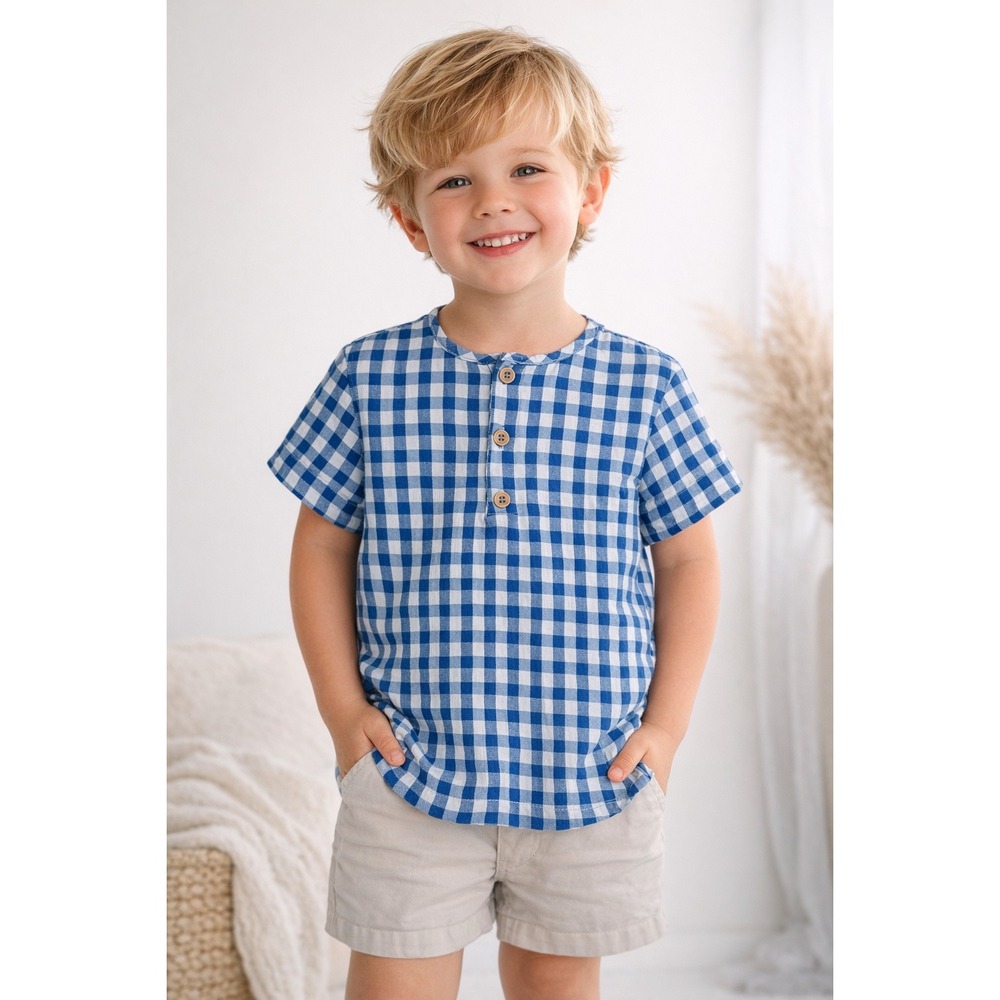 Show Me Your Mumu Mini Boys Gingham Henley Top Blue White Check 5T Made in USA